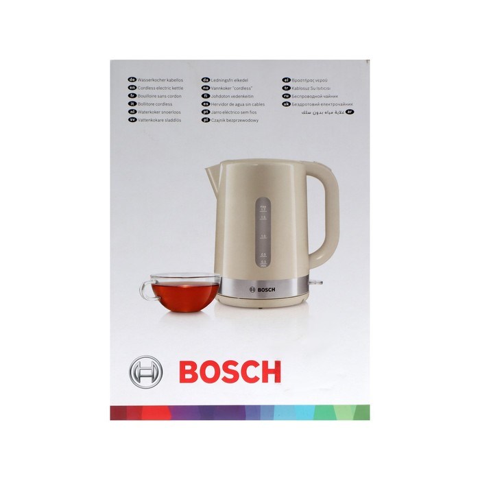 Чайник электрический Bosch TWK7407, пластик, 1.7 л, 2200 Вт, бежевый - фото 51403958