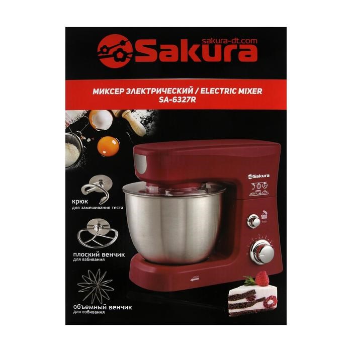 Миксер Sakura SA-6327R, планетарный, 1000 Вт, 3.5 л, 6 скоростей, 3 насадки, красный - фото 51403969