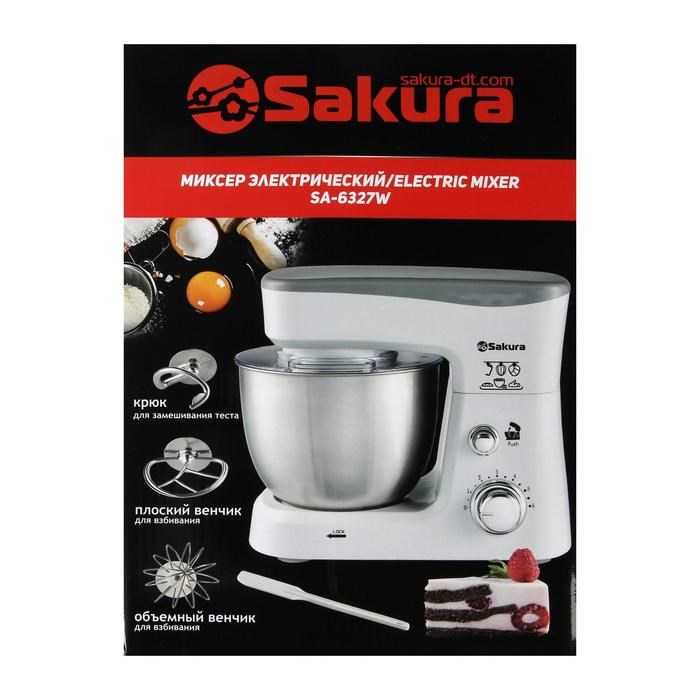 Миксер Sakura SA-6327W, планетарный, 1000 Вт, 3.5 л, 6 скоростей, 3 насадки, белый - фото 51403981