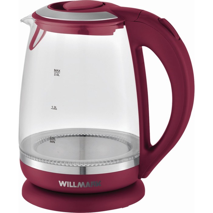 Чайник электрический WILLMARK WEK-2005G, стекло, 2 л, 2200 Вт, LED-подсветка, бордовый - фото 51404558