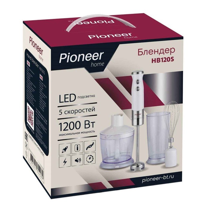 Блендер Pioneer HB120S, погружной, с LED подсветкой, 1200 Вт, 0.5/0.6 л, 5 скоростей, белый - фото 51405379