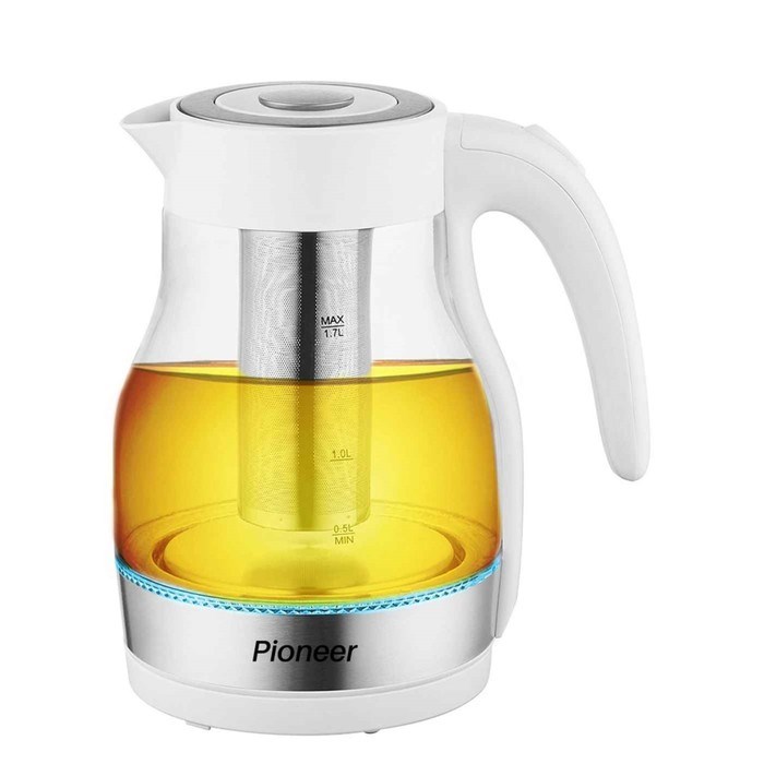 Чайник электрический Pioneer KE802G, стекло, 2200 Вт, 1.7 л, белый - фото 51405759