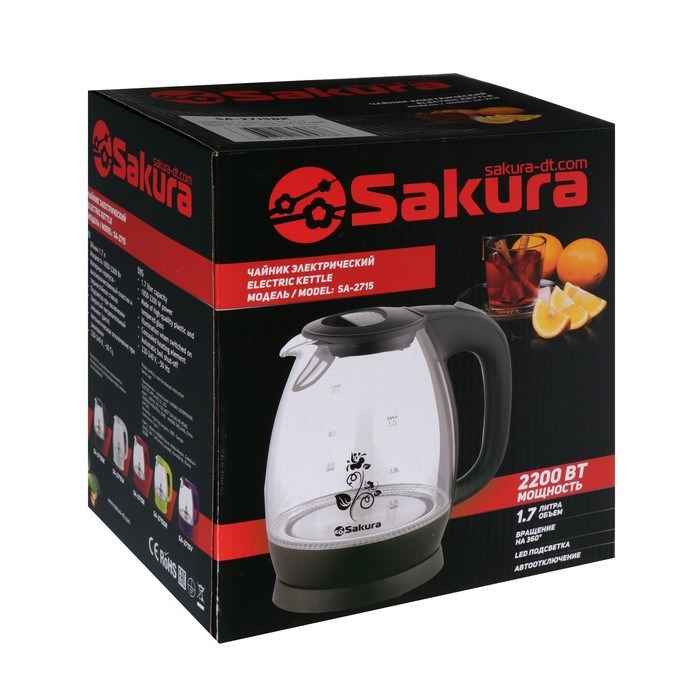 Чайник электрический Sakura SA-2715BK, стекло, 1.7 л, 2200 Вт, чёрный - фото 51407760