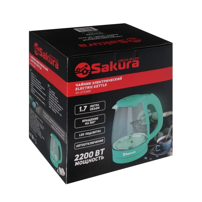 Чайник электрический Sakura SA-2733GR, стекло, 1.7 л, 2200 Вт, зелёный - фото 51407769