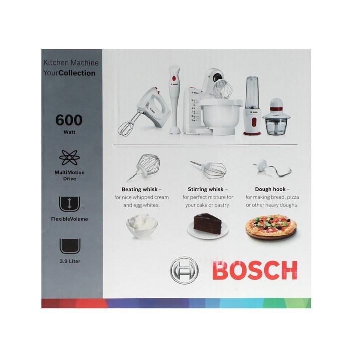 Кухонная машина Bosch MUMP1000, 600 Вт, 3.9 л, 4 скорости, 3 насадки, белая - фото 51408796