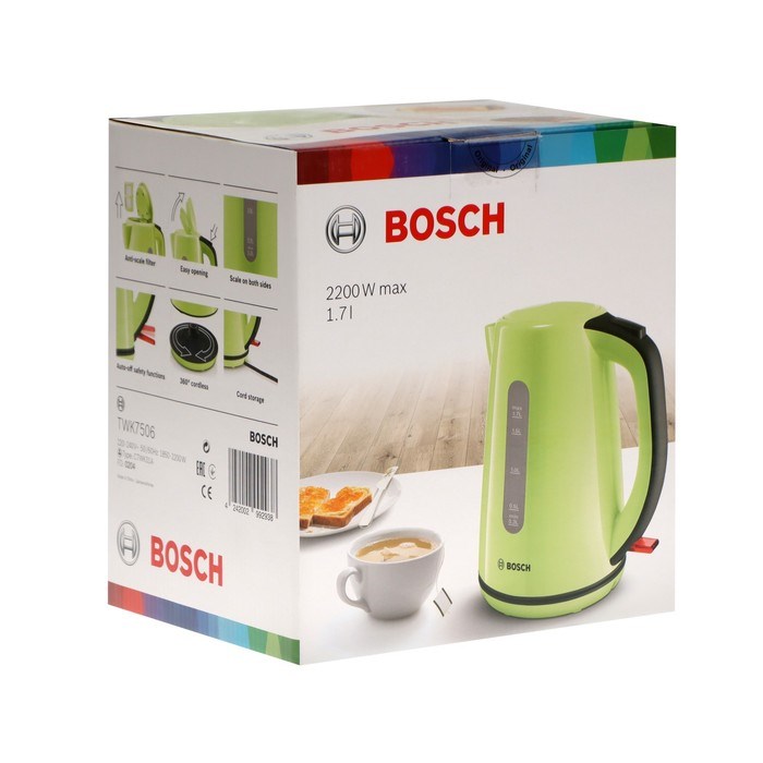 Чайник электрический Bosch TWK7506, пластик, 1.7 л, 2200 Вт, зелёный - фото 51408807