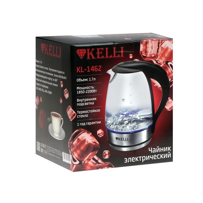 Чайник электрический KELLI KL-1462, стекло, 1.7 л, 2200 Вт, чёрно-серебристый - фото 51408836