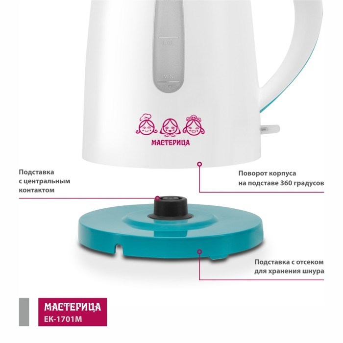 Чайник электрический «‎‎Мастерица ЕК-1701M», пластик, 1.7 л, 1850 Вт, цвет белый-бирюзовый - фото 51409063