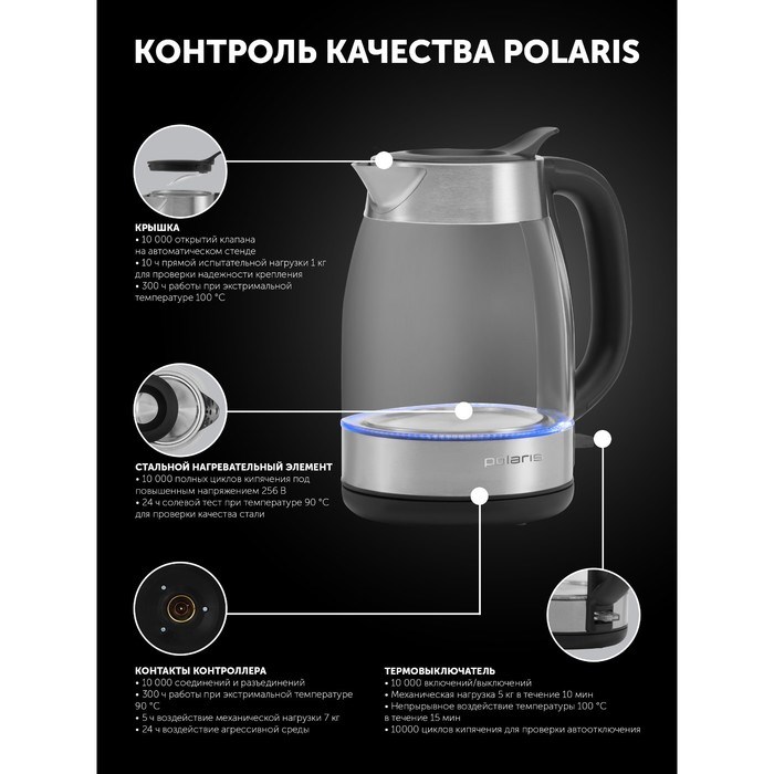 Чайник электрический Polaris PWK 1817CGL, стекло, 1.8 л, 2200 Вт, серебристо-чёрный - фото 51410136