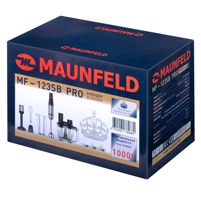 Блендер MAUNFELD MF-123SB PRO, погружной, 1000 Вт, 0.8 л, 4 скорости, 7 насадок, чёрный - фото 51410560