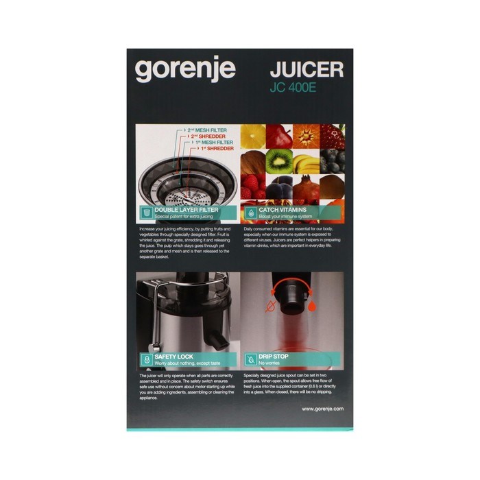 Соковыжималка Gorenje JC400E, шнековая, 400 Вт, 1.6 л, серебристо-чёрная - фото 51411665 Соковыжималка Gorenje JC400E, шнековая, 400 Вт, 1.6 л, серебристо-чёрная - фото 51411665
