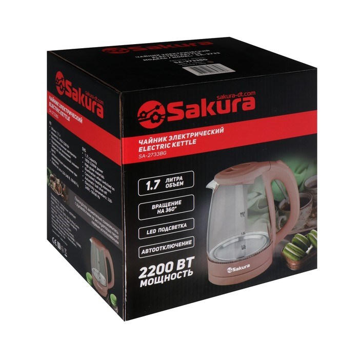 Чайник электрический Sakura SA-2733BG, стекло, 1.7 л, 2200 Вт, бежевый - фото 51412421