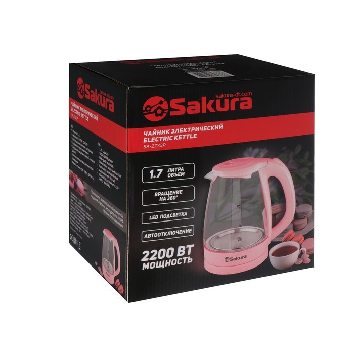 Чайник электрический Sakura SA-2733BG, стекло, 1.7 л, 2200 Вт, розовый - фото 51412430