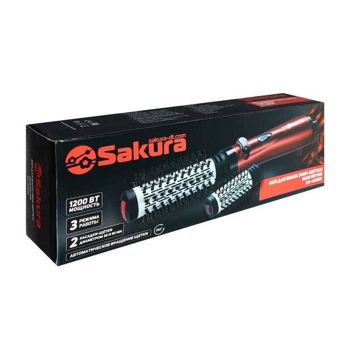 Фен-щетка Sakura SA-4205R, 1200 Вт, 3 режима работы, 2 насадки, защита от перегрева, красная - фото 51414017