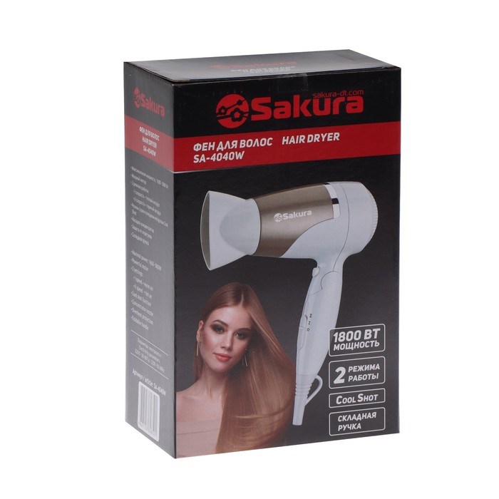 Фен Sakura SA-4040W, 1800 Вт, 2 скорости, 2 температурных режима, концентратор, бело-золотой - фото 51414556