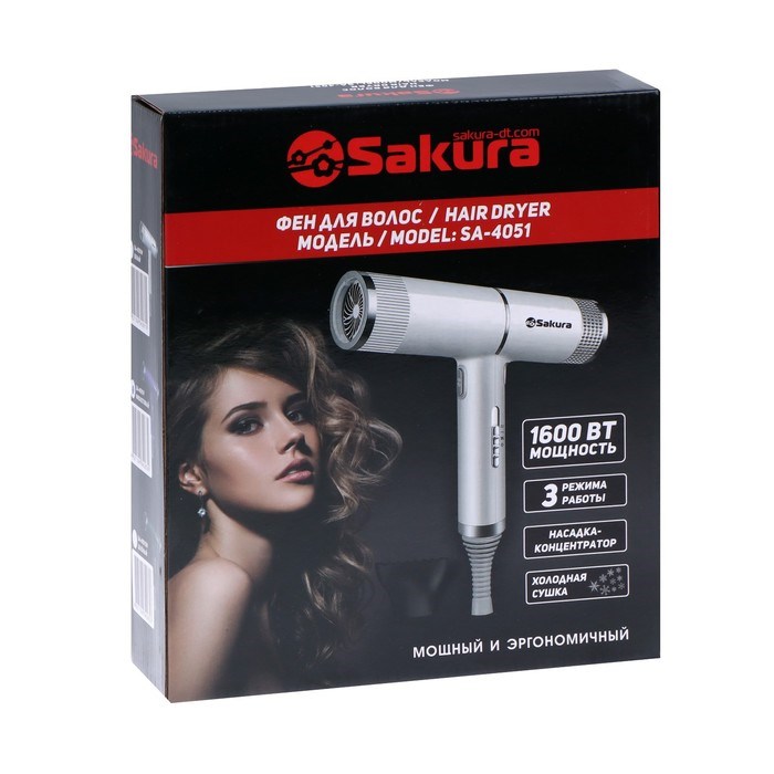 Фен Sakura SA-4051GR, 1600 Вт, 3 скорости, 3 темп. режима, концентратор, шнур 1.8 м, зелёный - фото 51414664