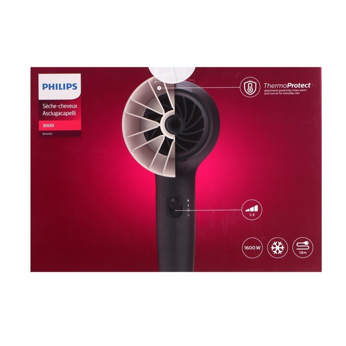 Фен Philips BHD302/00, 1600 Вт, 3 скорости, 3 темп. режима,1 насадка, хол. воздух, шнур 1.8м - фото 51415100