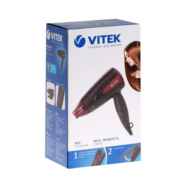 Фен Vitek VT-2261, 1300 Вт, 2 режима, 2 скорости, концентратор, шнур 1.8 м, чёрно-красный - фото 51415433