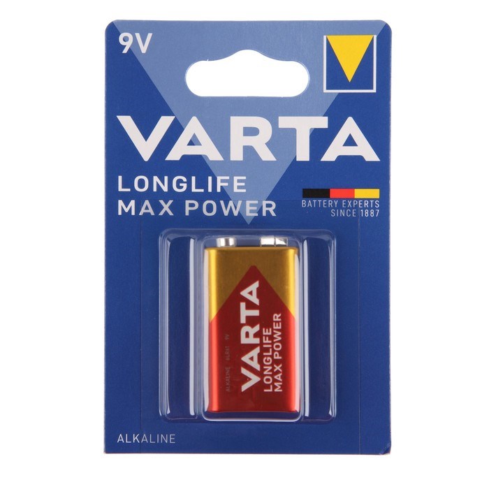 Батарейка алкалиновая Varta LONGLIFE MAX POWER, 6LR61-1BL, 9В, крона, блистер, 1 шт. - фото 51416255