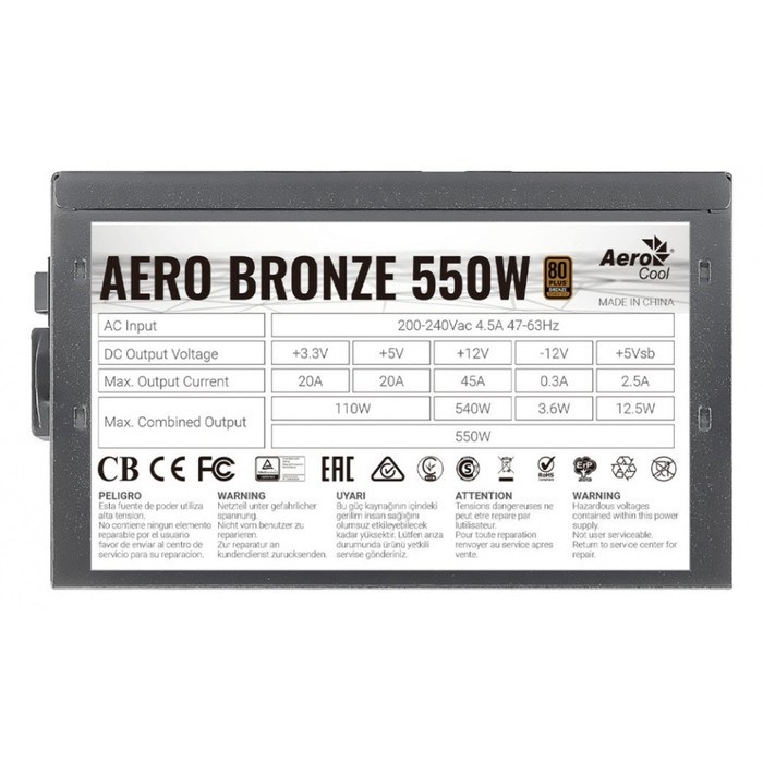 Блок питания Aerocool ATX 550W AERO BRONZE 80+ bronze (24+4+4pin) APFC 120mm fan 5xSATA RTL   100444 - фото 51417837