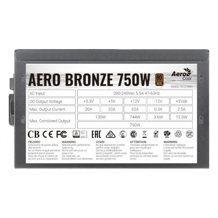 Блок питания Aerocool ATX 750W AERO BRONZE 80+ bronze 24+2x(4+4) pin APFC 120mm fan 6xSATA R   10044 - фото 51417898