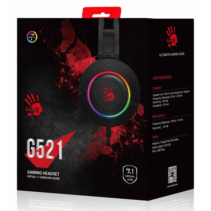 Наушники с микрофоном A4Tech Bloody G521 черный 2.3м мониторные USB оголовье (G521 (BLACK))   100458 - фото 51422030