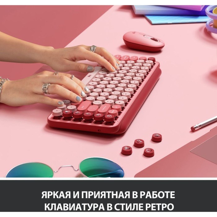 Клавиатура Logitech POP Keys механическая розовый/красный USB беспроводная BT/Radio - фото 51422663