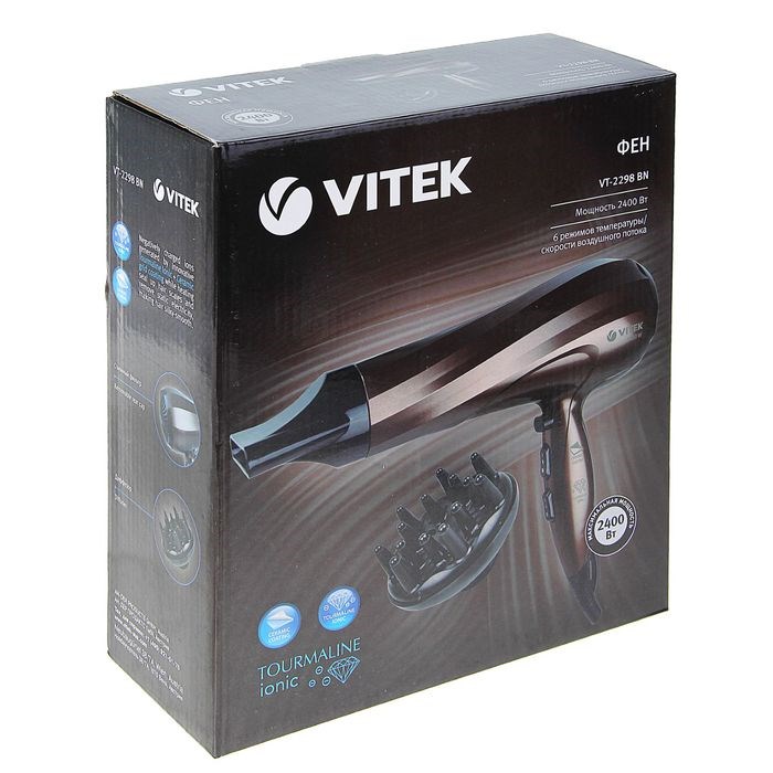 Фен для волос Vitek VT-2298, 2400 Вт, 2 скорости, 4 темп. режима, диффузор, ионизация - фото 51424611