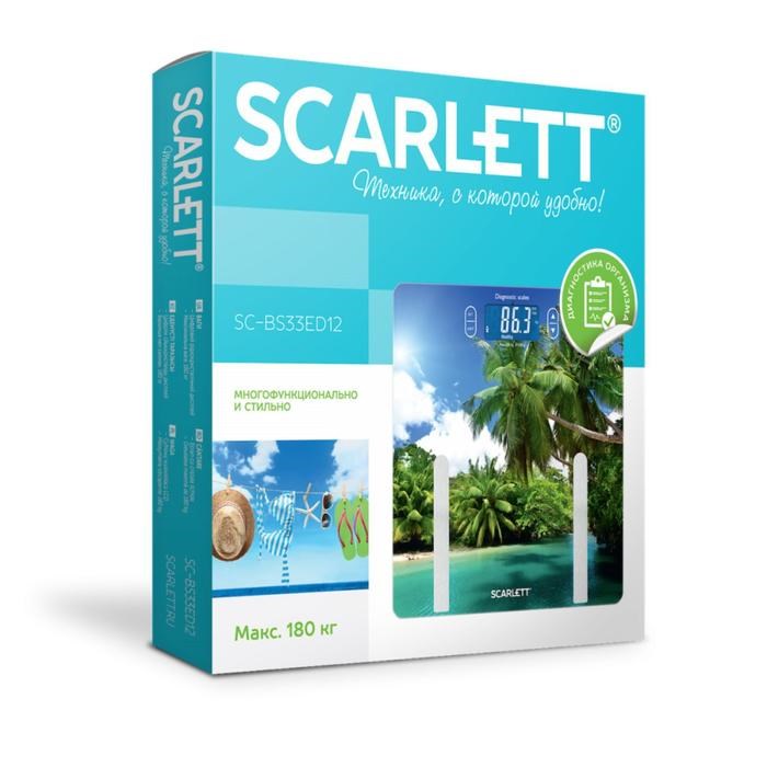 Весы напольные Scarlett BS33ED12, диагностические, до 180 кг, 1хCR2032, стекло, "пальмы" - фото 51424786