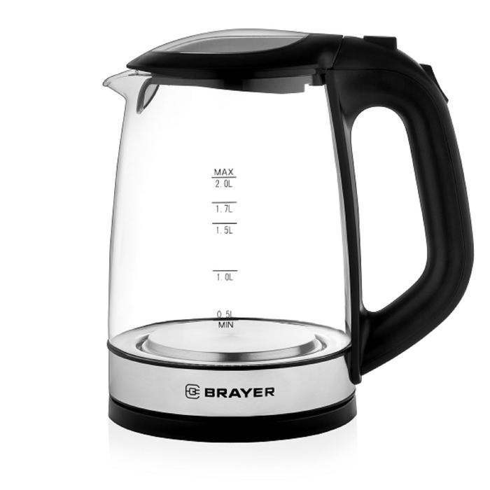 Чайник электрический BRAYER BR1040BK, стекло, 2 л, 2200 Вт, чёрный - фото 51425965