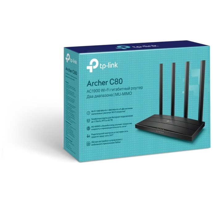 Роутер беспроводной TP-Link Archer C80 AC1900, 1000 Мбит/с, 4 порта, чёрный - фото 51426588