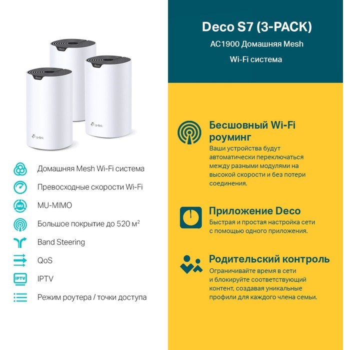 Бесшовный Mesh роутер TP-Link Deco S7(3-pack) AC1900 10/100/1000BASE-TX белый (упак.:3шт) - фото 51429523