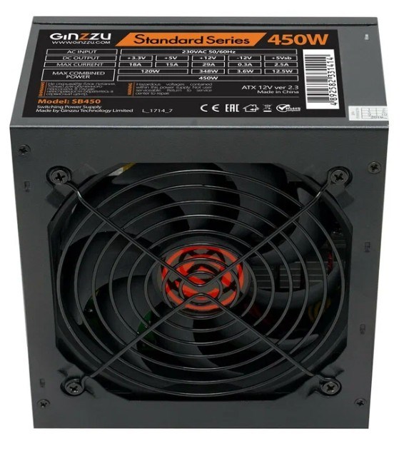 Блок питания Ginzzu SB450 ATX, 12cm fan, 20+4pin +4Pin, 2*SATA, 2*IDE чёрный - фото 51580142