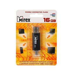 Флешка Mirex SMART BLACK, 16 Гб, USB2.0, USB/microUSB, чт до 25 Мб/с, зап до 15 Мб/с, черная - фото 51363938