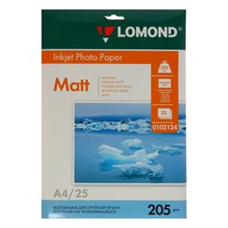 Фотобумага LOMOND, для струйной печати, А4, 25 листов, 205 г/м², односторонняя, матовая - фото 51385177