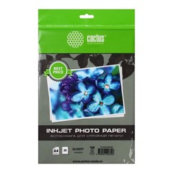Фотобумага для струйной печати А4, 20 листов Cactus, 150 г/м2, односторонняя, глянцевая, в пакете - фото 51385572