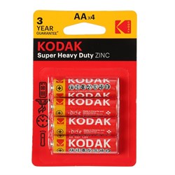 Батарейка солевая Kodak Super Extra Heavy Duty, AA, R6-4BL, 1.5 В, блистер, 4 шт. - фото 51386823