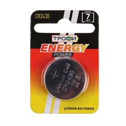 Батарейка литиевая "Трофи", CR2430-1BL, 3В, блистер, 1 шт. - фото 51386997