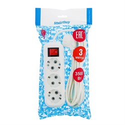 Удлинитель Smartbuy, 3 розетки, 3м, 16 А, 3600 Вт, ПВС 3х1 мм2, с з/к, с выкл., белый - фото 51387807