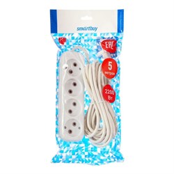 Удлинитель Smartbuy, 4 розетки, 5 м, 10 А, 2200 Вт, ПВС 2х1 мм2, без з/к, белый - фото 51387927
