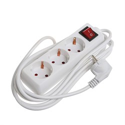 Удлинитель Luazon Lighting, 3 розетки, 3 м, 6 А, 1300 Вт, 3×0.75 мм2, с заземлением, с выключателем, белый - фото 51388116
