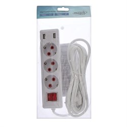 Удлинитель Luazon Lighting, 3 розетки, 3 м, 10 А, 2200 Вт, 2х0.75 мм2, 2хUSB, - фото 51389050