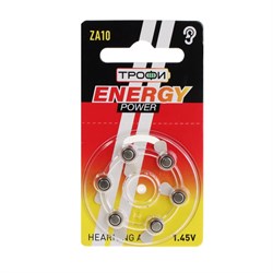 Батарейка цинковая Трофи, ZA10-6BL, для слуховых аппаратов, 1.45В, блистер, 6 шт. - фото 51398314