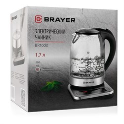 Чайник электрический BRAYER BR1003, стекло, 1.7 л, 2200 Вт, регулировка t°, серебристый - фото 51402596