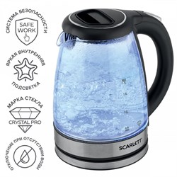 Чайник электрический Scarlett SC-EK27G72, стекло, 1.7 л, 2000 Вт, чёрно-серебристый - фото 51405120