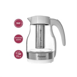Чайник электрический Pioneer KE802G, стекло, 2200 Вт, 1.7 л, белый - фото 51405766