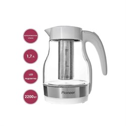 Чайник электрический Pioneer KE802G, стекло, 2200 Вт, 1.7 л, белый - фото 51405768