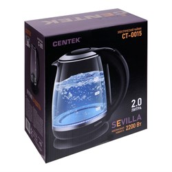 Чайник электрический Centek CT-0015, стекло, 2 л, 2200 Вт, чёрный - фото 51406432