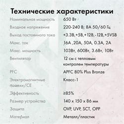 Блок питания GMNG ATX 650W PSU-650W-80BR 80+ bronze (24+4+4pin) APFC 120mm fan 6xSATA RTL - фото 51418189